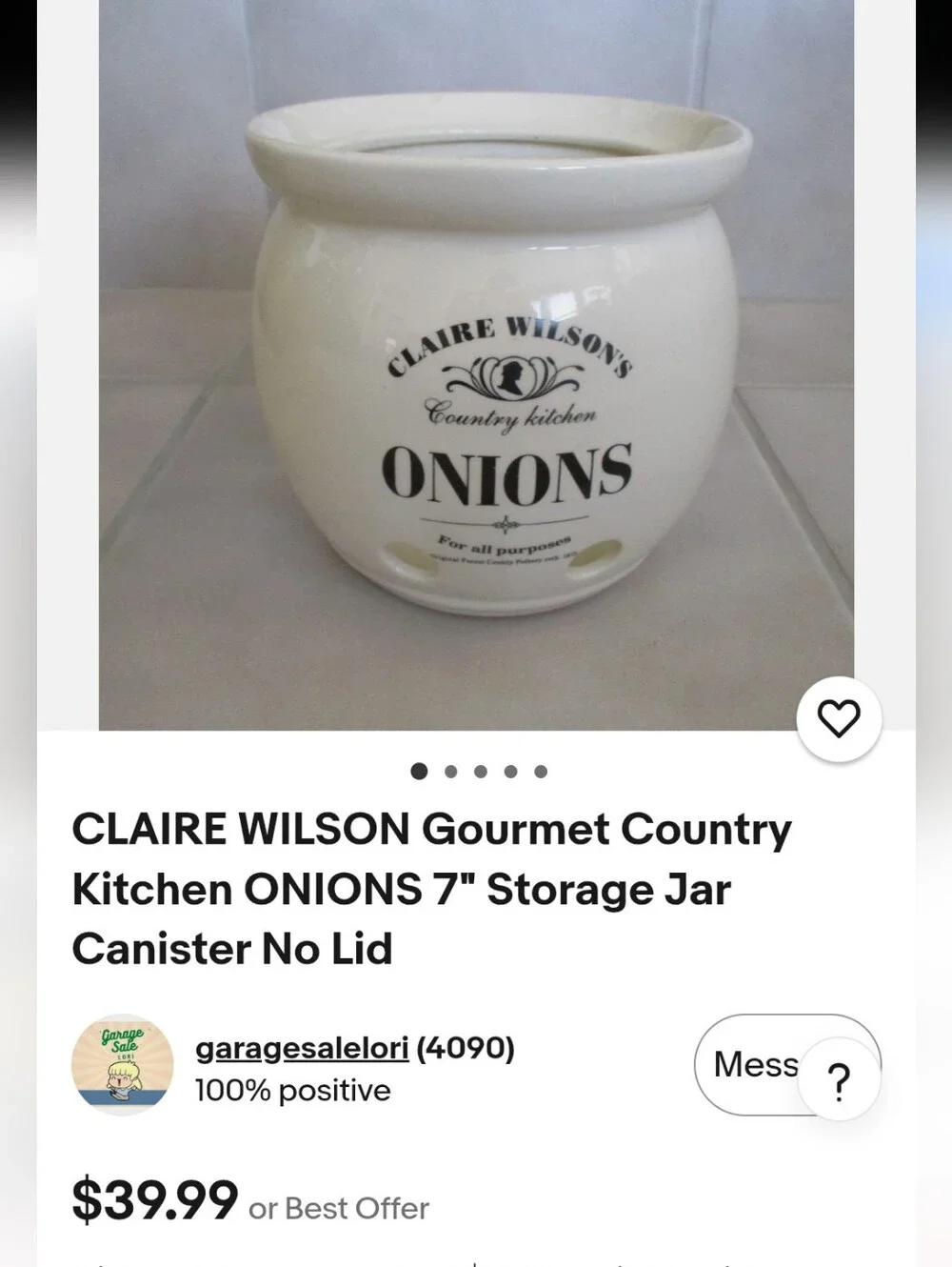 Vintage Claire Wilson's Country Kitchen Onion Storage Canister WLid Cream White